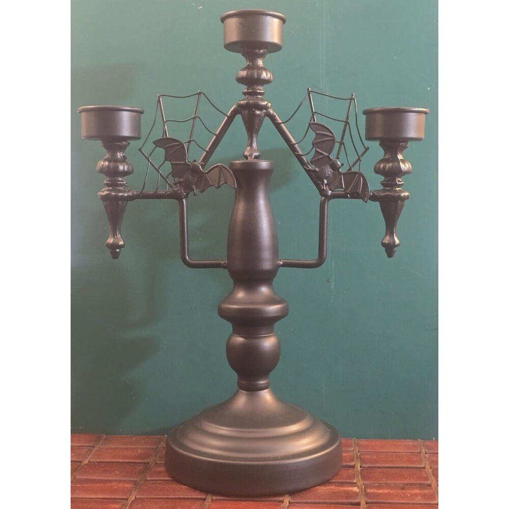 Gothic Halloween 3 Candle Metal Candelabra w/ Spiderwebs & Bats 12 5"x9.5"x5"